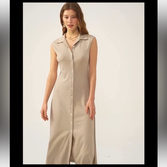 OGL Collar Button Down Tank Mockneck Tucks Midi Dress - Picture 2 of 5